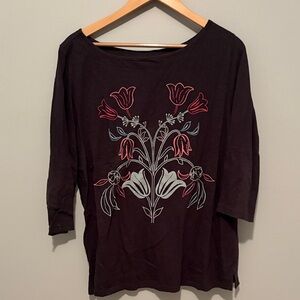 LOFT Black Top with Red Floral Design